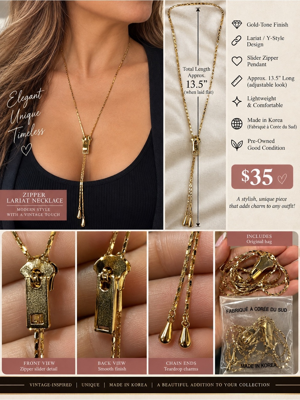 Gold toned Zipper Lariat Necklace - Elegant Y‑Style Lariat